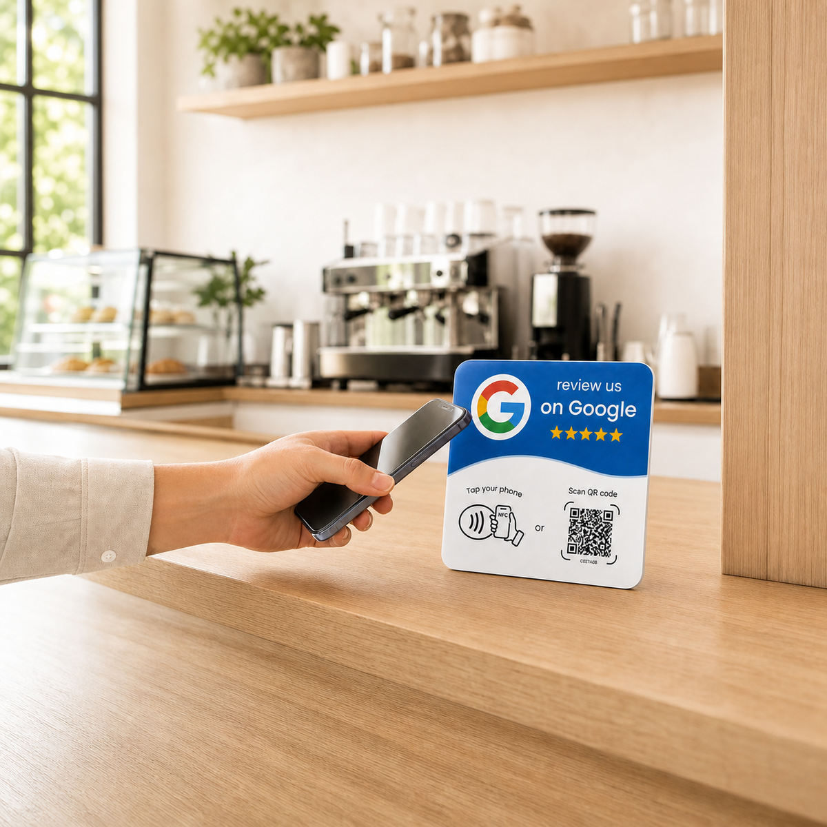 Google Review NFC Novelys présenté sur un comptoir de café